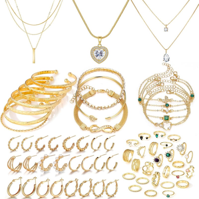 IFKM Gold Plated Jewelry Set for Women,14k Gold Plated Multi Layer Necklaces Stackable Bangle Bracelets Stackable Knuckle Rings Hoop Earrings Set Anniversary Trendy Elegance Charms Anniversary Birthday Jewelry Gift - Image 1